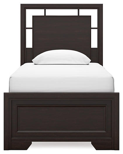 Covetown Twin Panel Bed with Mirrored Dresser and Chest